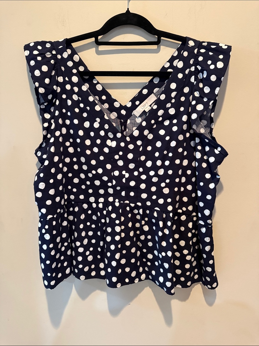 LOFT Navy and White Polka Dot Flutter Sleeve Peplum Top (worn once!)